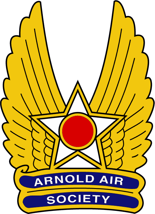 Logo with golden wings with a white star and red circle in the middle. Words say Arnold Air Society.
