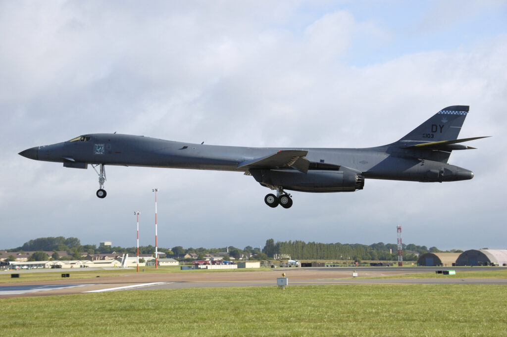 Bomber B1 jet about to land on the ground