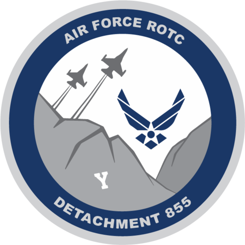 A circular logo that says Air Force ROTC Detachment 855 around the outside with a middle image of the Y mountain with the Air Force sumbol and jets above the mountains.