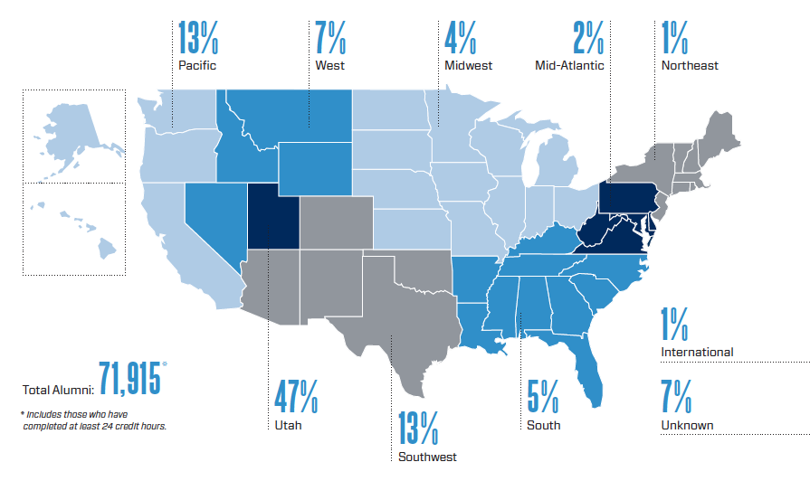 Map of US showing where BYU Marriott alumni live