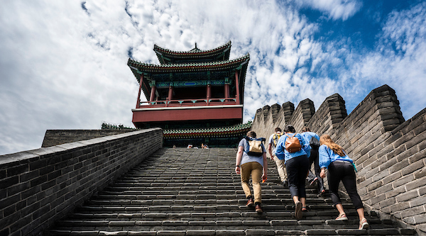 Group of students walking up to the Great Wall in Badaling.