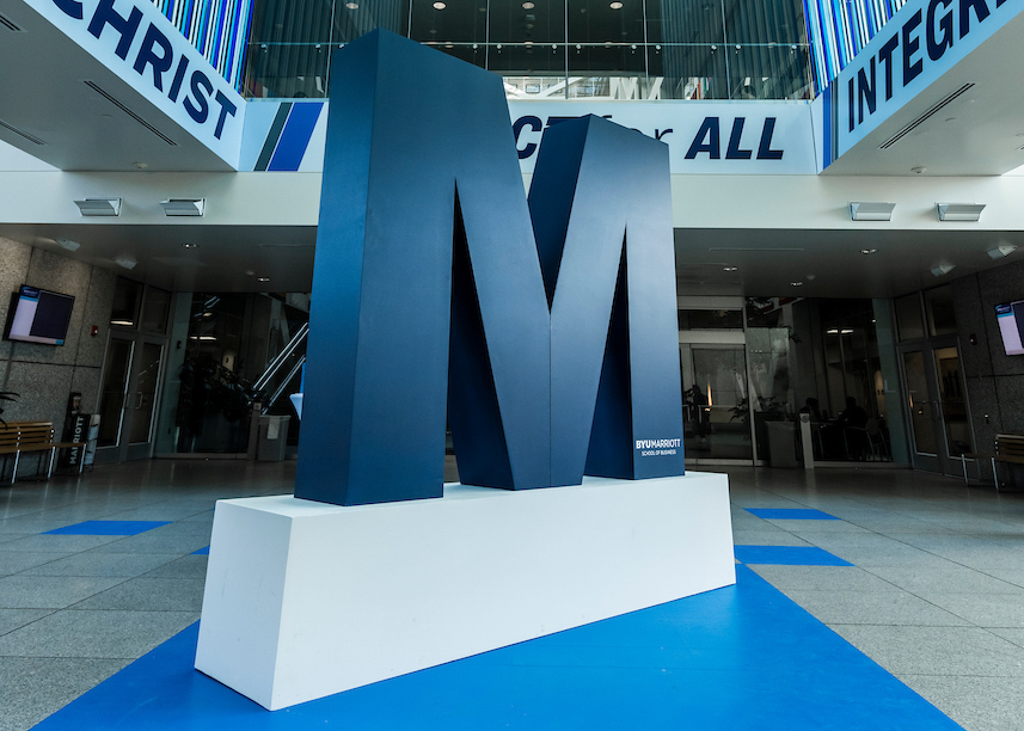 Inside the Tanner Building sits a giant blue M in the center of the floor
