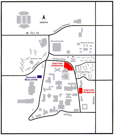 Map highlighting BYU's visitor parking lots and the Tanner Building