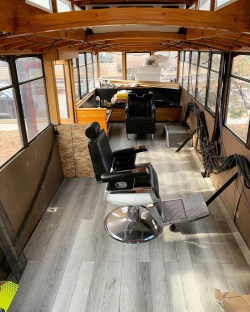 The inside of Ellis Long's trolley bus as it undergoes transformation to a barbershop. Photo courtesy of Afton Ellis Long.