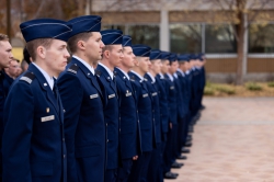 BYU Air Force ROTC cadets stand at attention as they listen to Hess's remarks. Photo courtesy of BYU Photo.