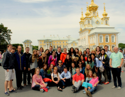Money and his students in front of the Church of the Grand Palace in Peterhof, Saint Petersburg, Russia. Photo courtesy of Bruce Money.