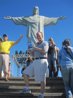 Bruce Money in front of Christ the Redeemer, a statue located on the summit of Mount Corcovado in Rio de Janeiro, Brazil. Photo courtesy of Bruce Money.