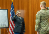 McKenna Brown giving her first salute as a second lieutenant in the United States Army. Photo courtesy of Dave Jungheim.