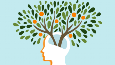 Illustration of a faceless head with tree branches growing out of with green leaves and orange fruits