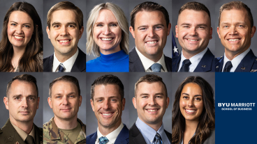 Collage of eleven faculty in professional dress: 8 men and 3 women, with the BYU Marriott logo