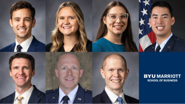 Seven professional headshots, two of which are in front of American flags and the other five in front of grey backgrounds.
