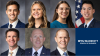 Seven professional headshots, two of which are in front of American flags and the other five in front of grey backgrounds.